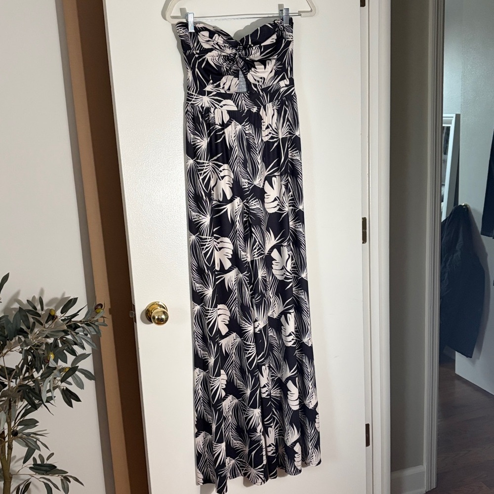 Black Off White Tropical Palm Leaf Smocked Bandeau Jumpsuit Size Medium